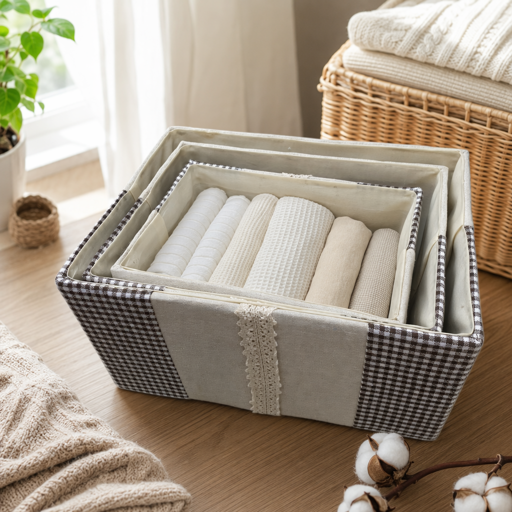 The checkered fabric storage box, multi-functional storage box and home organization box are foldable and portable details Picture