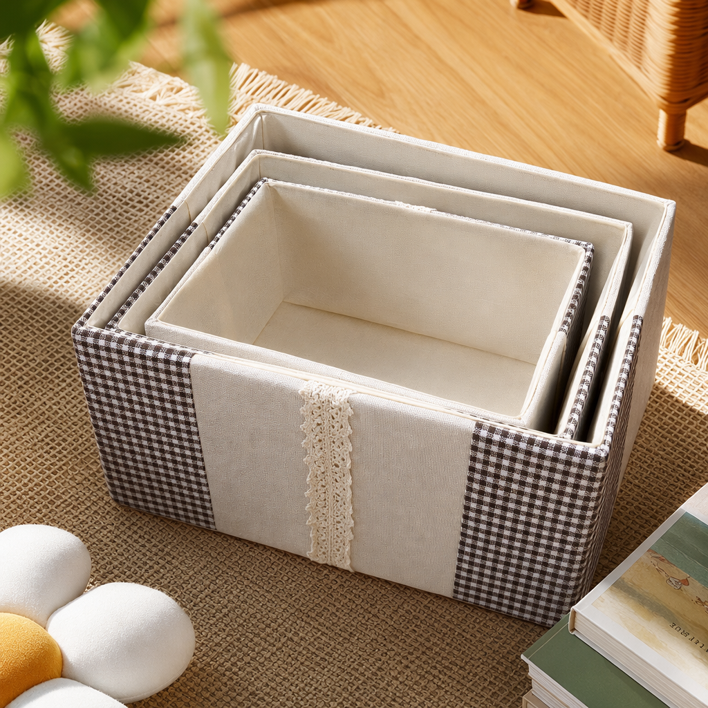 The checkered fabric storage box, multi-functional storage box and home organization box are foldable and portable Specification image