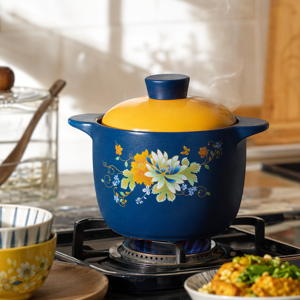 A blue ceramic stew pot with a yellow lid and floral patterns is a household soup pot details Picture