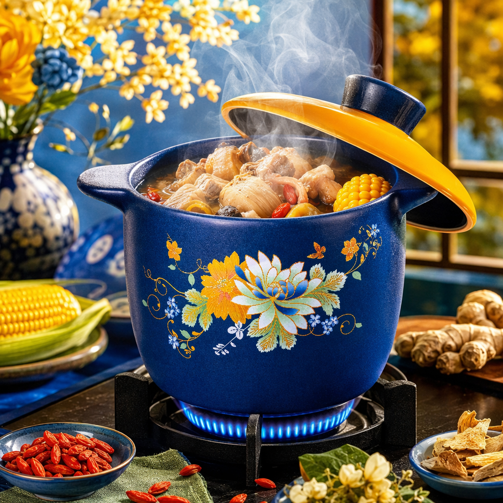 A blue ceramic stew pot with a yellow lid and floral patterns is a household soup pot Specification image