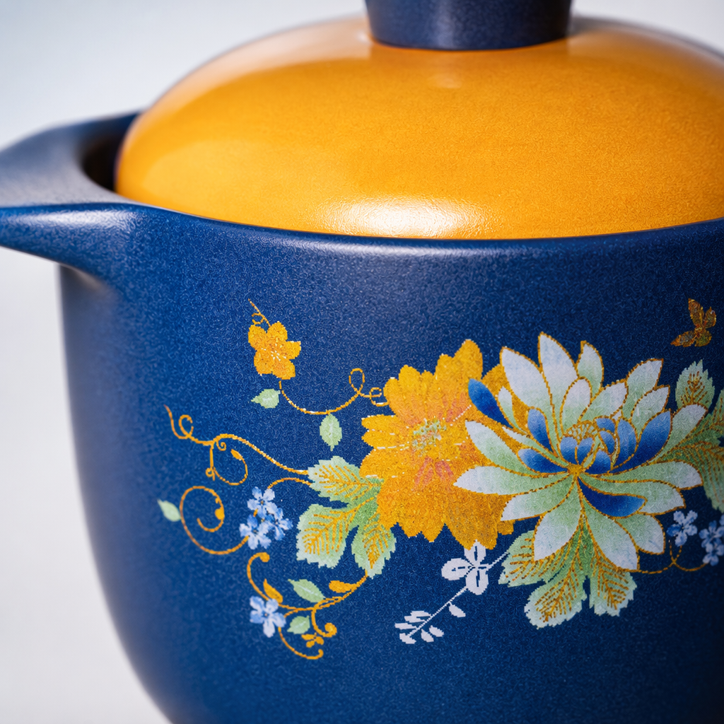 A blue ceramic stew pot with a yellow lid and floral patterns is a household soup pot Application Scenario