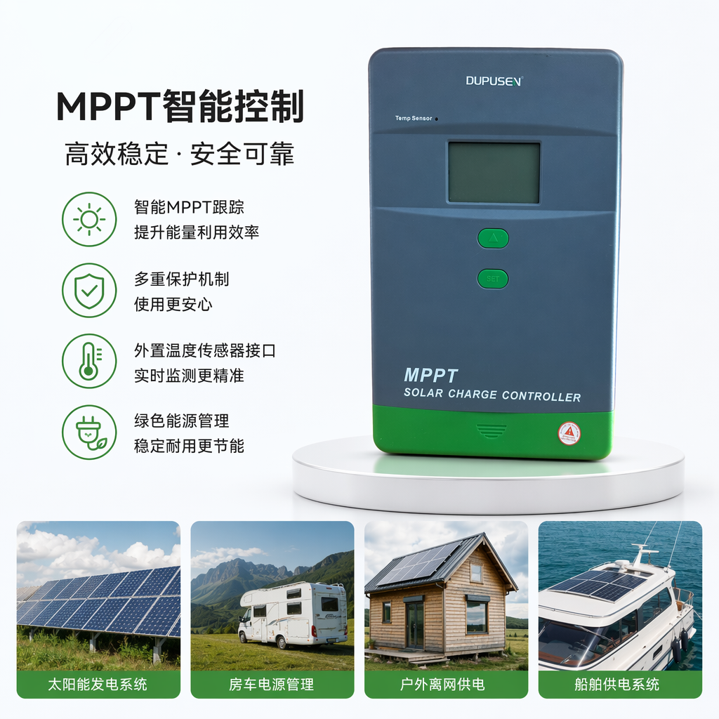 Grey MPPT solar charging controller with green edges