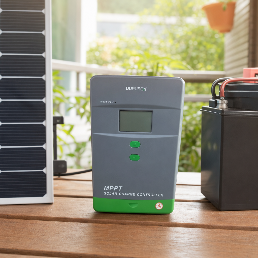 Grey MPPT solar charging controller with green edges details Picture