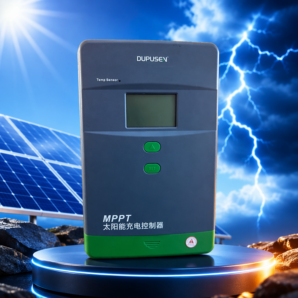 Grey MPPT solar charging controller with green edges Specification image