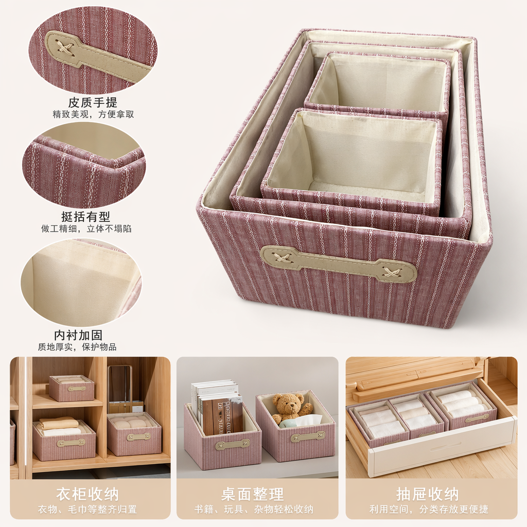 Pink and white striped fabric storage box, simple home organization box