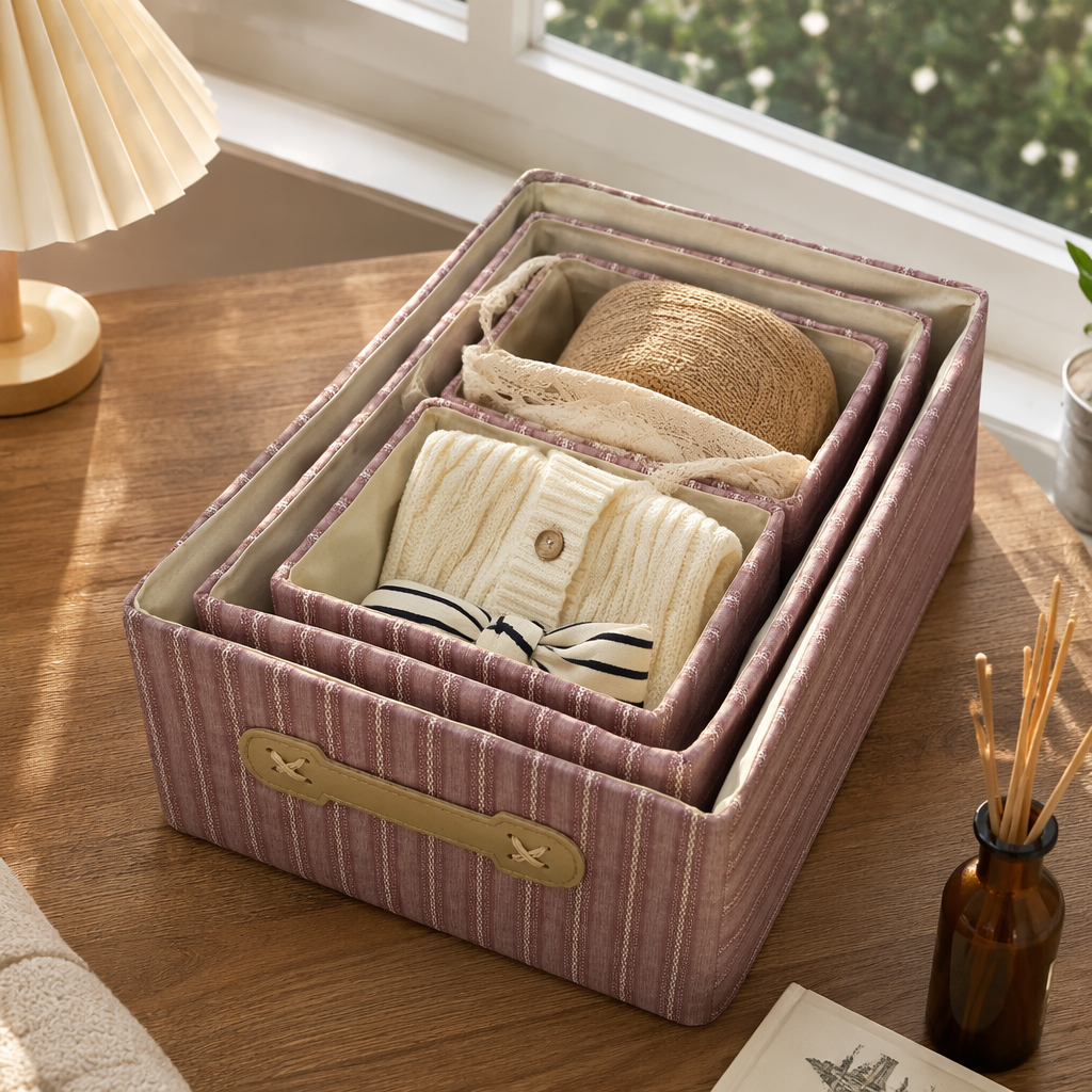Pink and white striped fabric storage box, simple home organization box details Picture