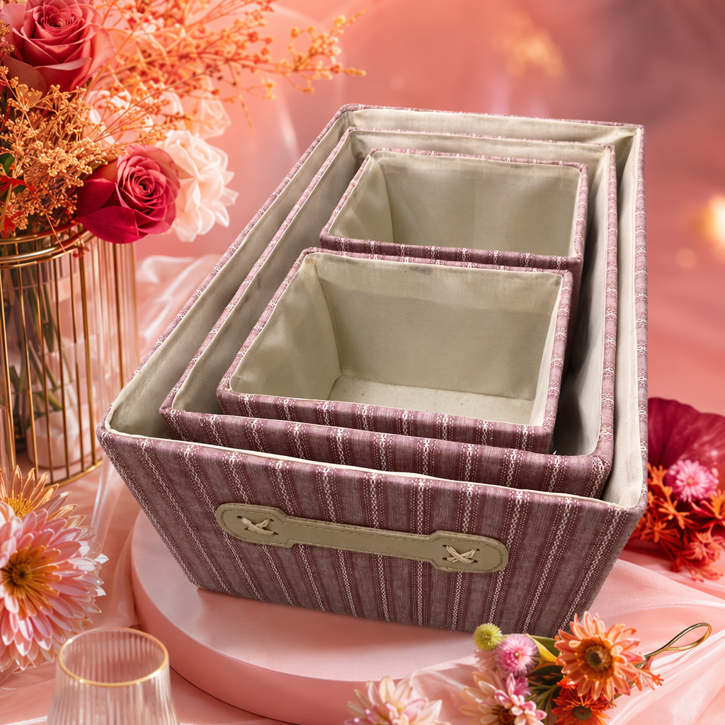 Pink and white striped fabric storage box, simple home organization box Specification image