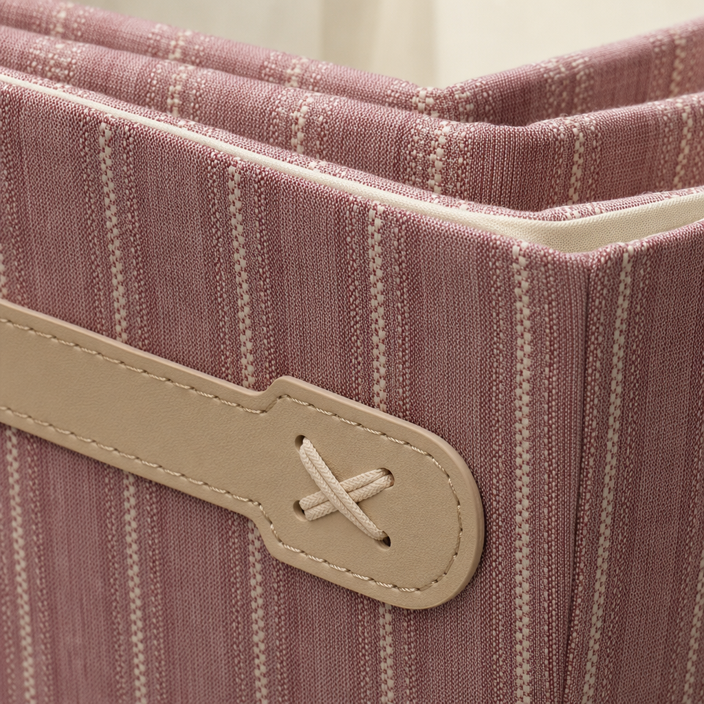 Pink and white striped fabric storage box, simple home organization box Application Scenario