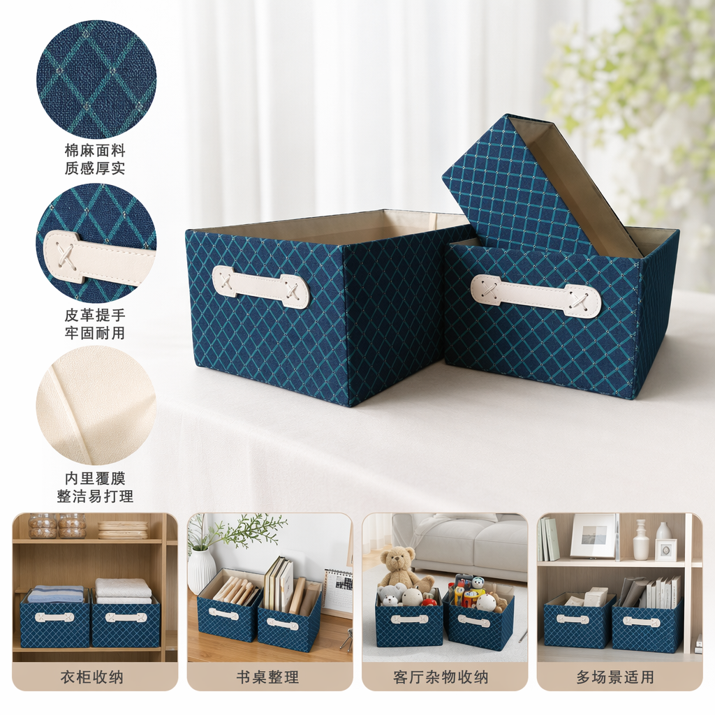Blue and green checkered storage box, home desktop organization and storage box, simple Nordic style