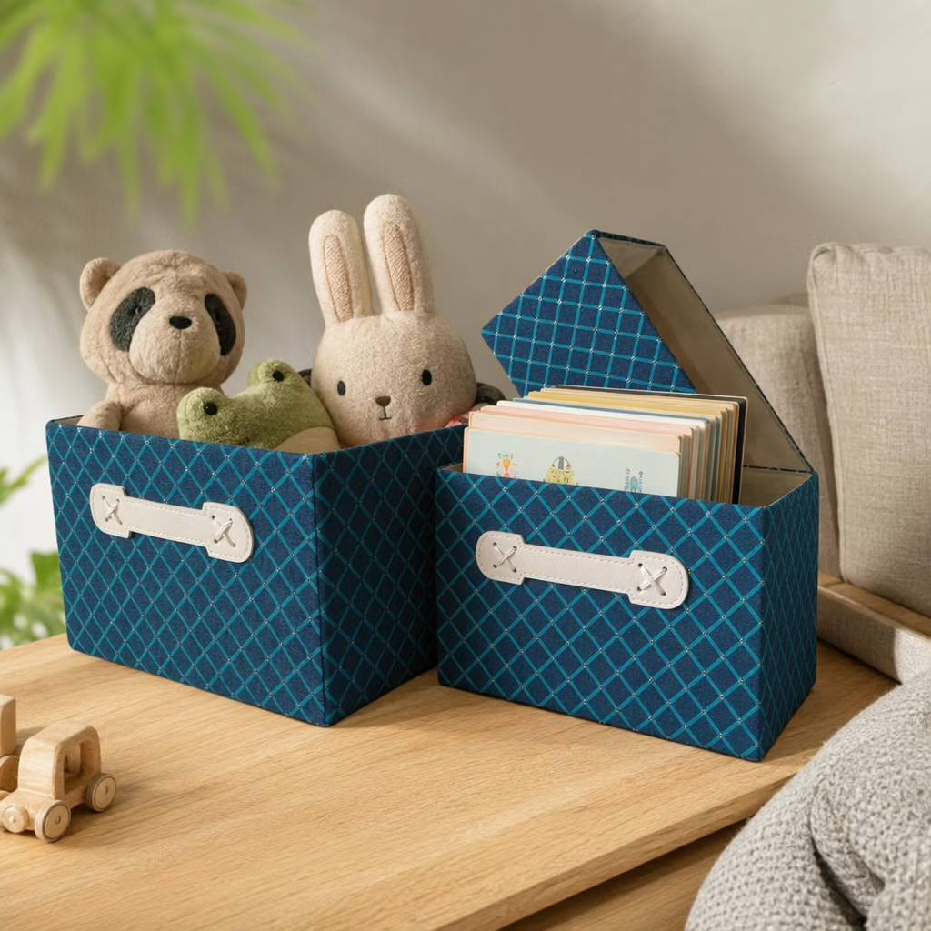 Blue and green checkered storage box, home desktop organization and storage box, simple Nordic style details Picture