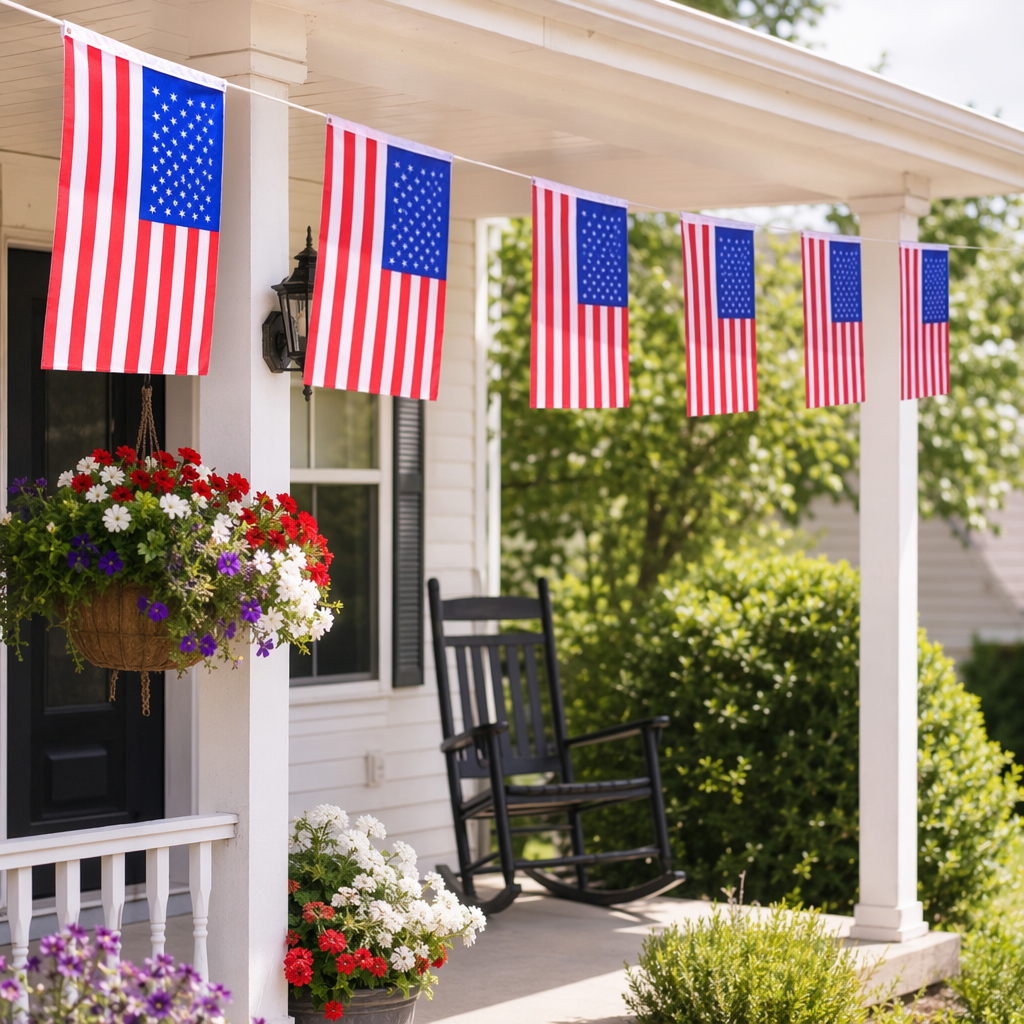Red, white and blue flag strings are used as outdoor decorative festival flag hangers details Picture
