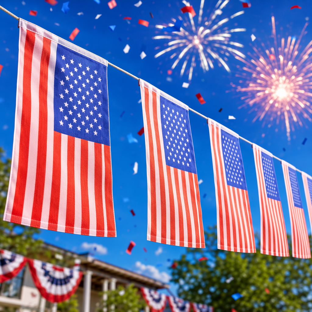 Red, white and blue flag strings are used as outdoor decorative festival flag hangers Specification image
