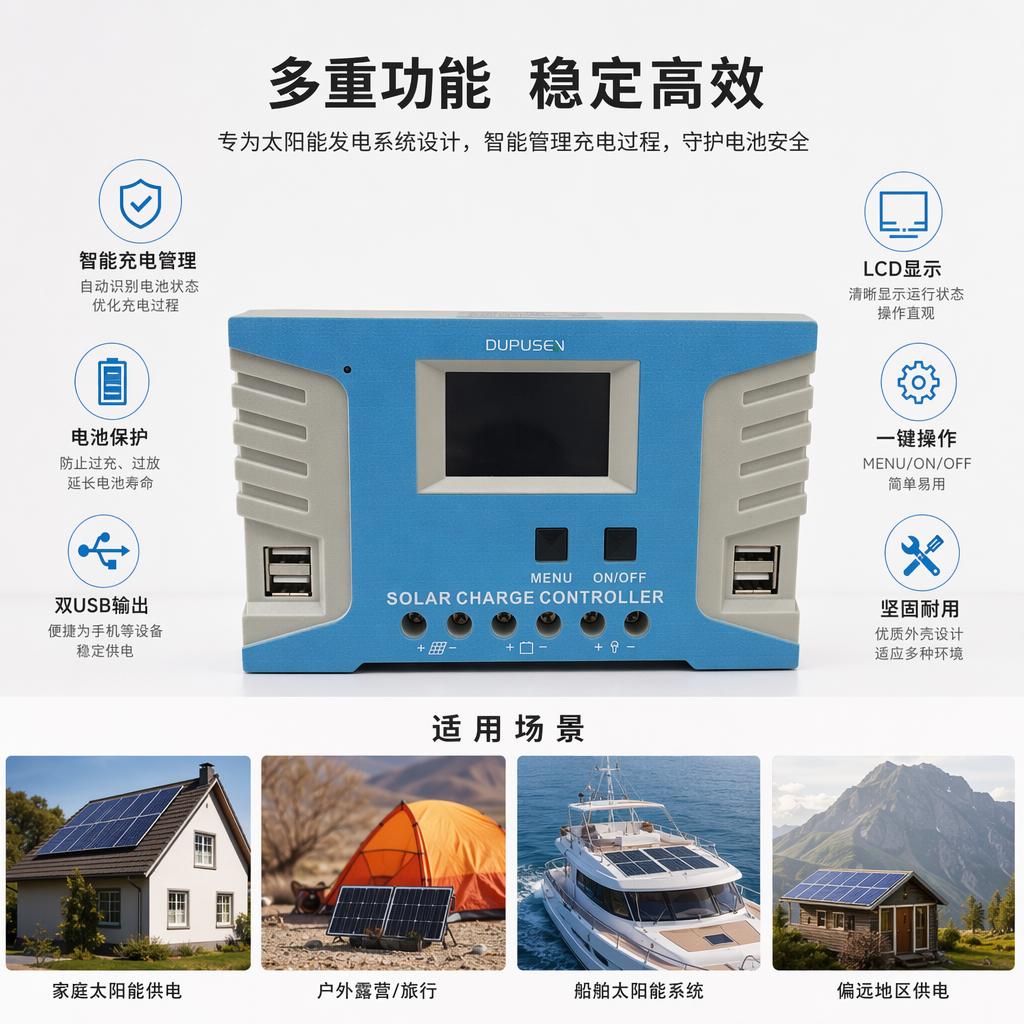 The blue solar charging controller features intelligent charging and discharging protection, compatible with 12V and 24V