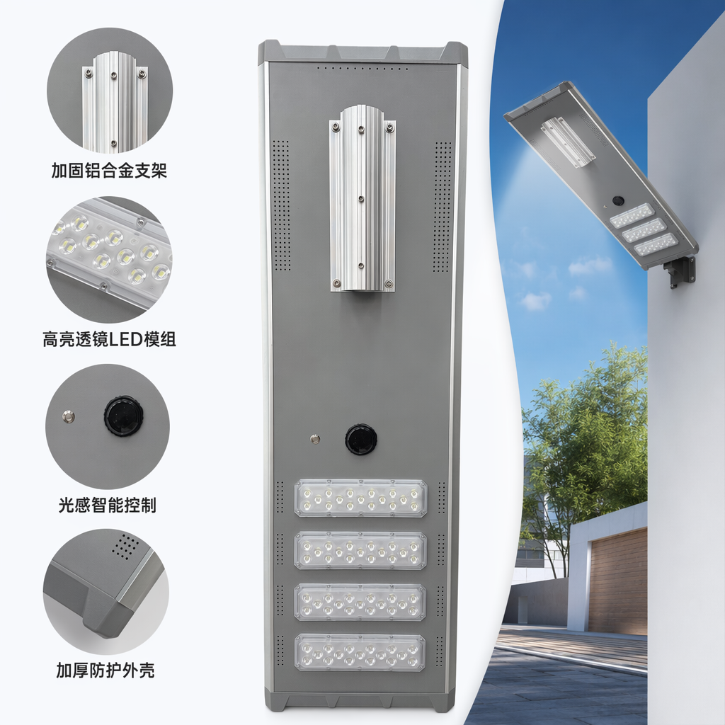 The top heat sink bracket of the four-row LED lamp group of the grey vertical solar street lamp