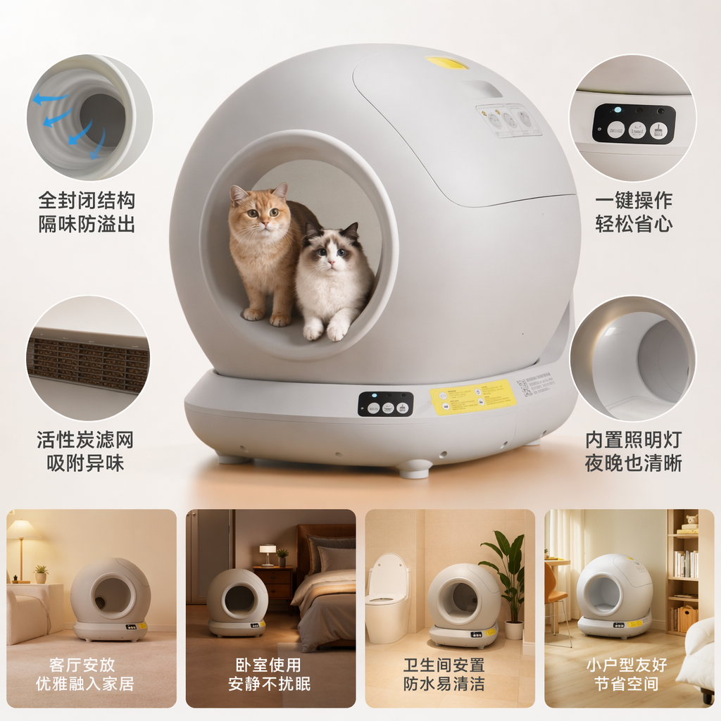 The white automatic cat litter box is a smart deodorizing and silent model suitable for two-cat families