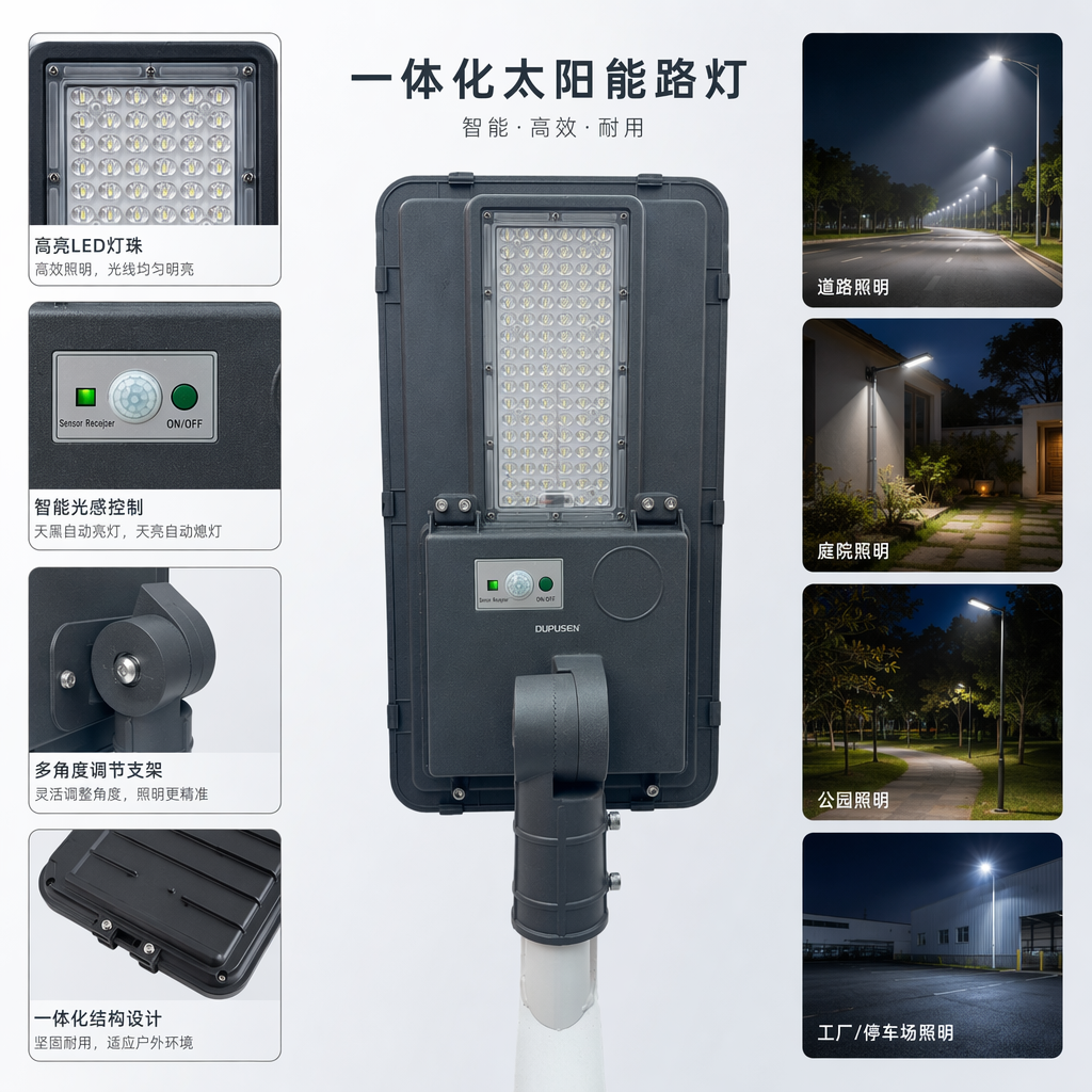 Black solar street lamp with all-aluminum shell for courtyard and garden lighting, 12-meter-high pole