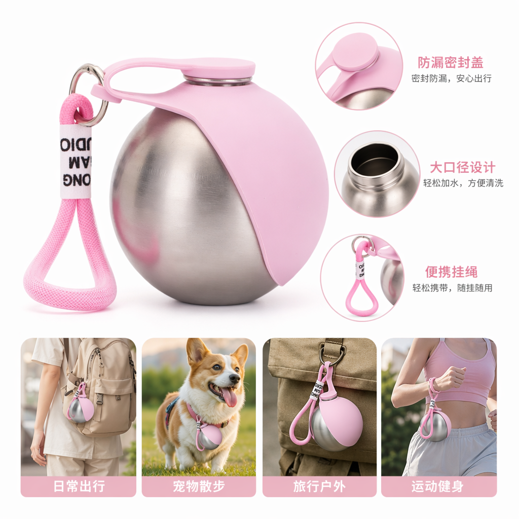 The pink silicone lid stainless steel spherical water cup features a portable and simple design for heat and cold preservation