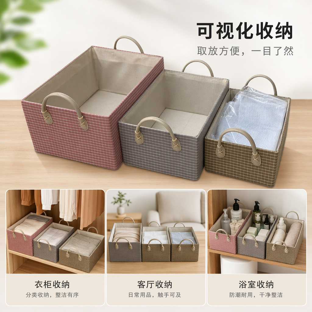 Checkered fabric storage basket for home bedroom and living room organization, simple Nordic style