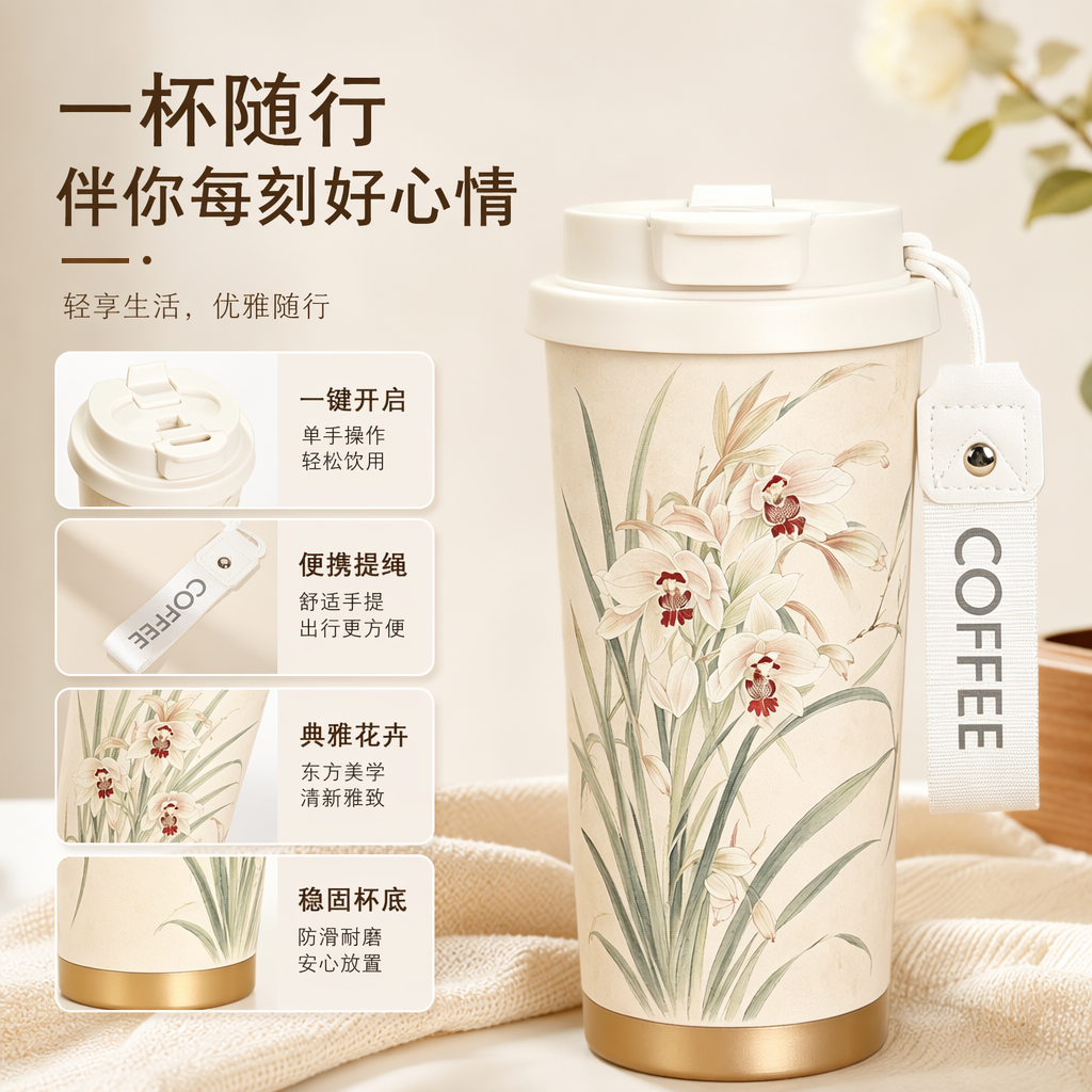 米色兰花图案保温杯 白色盖子 金色底座