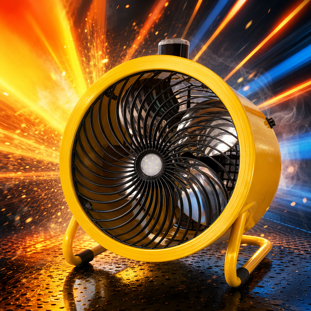 Yellow industrial fan, three-speed adjustable, high air volume floor fan, metal body, durable and quiet Specification image