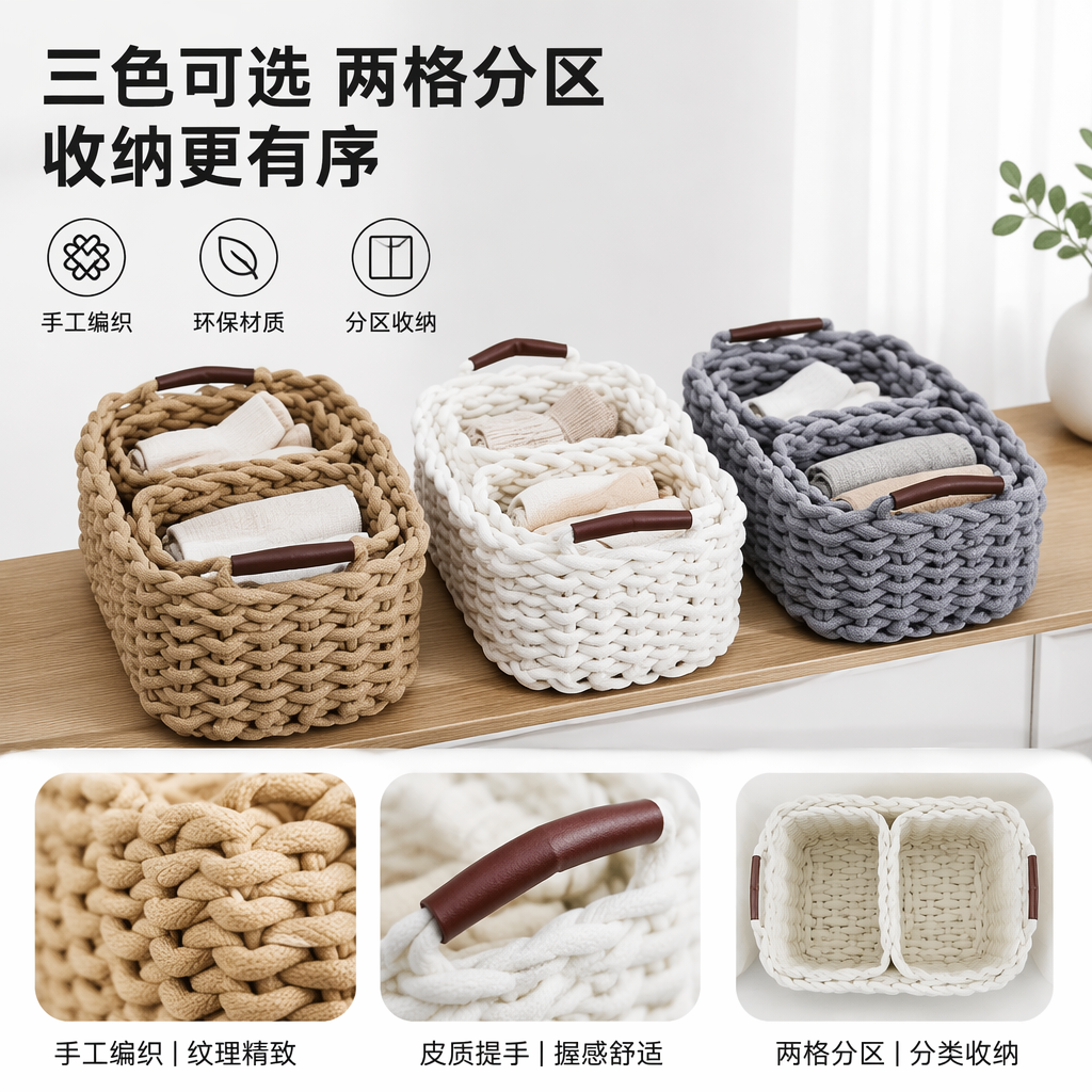 Three sets of colorful woven baskets, home storage baskets, living room and bedroom storage baskets, and eco-friendly rattan weaving