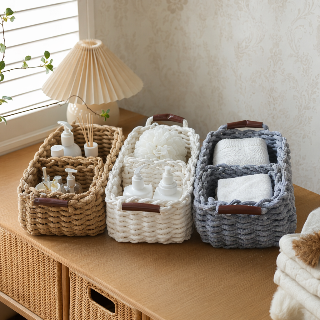 Three sets of colorful woven baskets, home storage baskets, living room and bedroom storage baskets, and eco-friendly rattan weaving details Picture