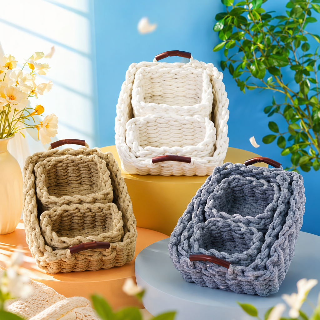 Three sets of colorful woven baskets, home storage baskets, living room and bedroom storage baskets, and eco-friendly rattan weaving Specification image