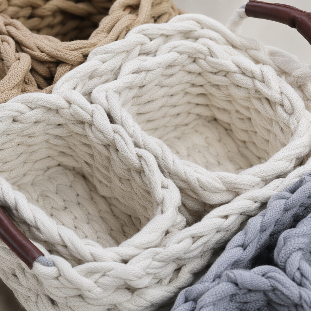 Three sets of colorful woven baskets, home storage baskets, living room and bedroom storage baskets, and eco-friendly rattan weaving Application Scenario