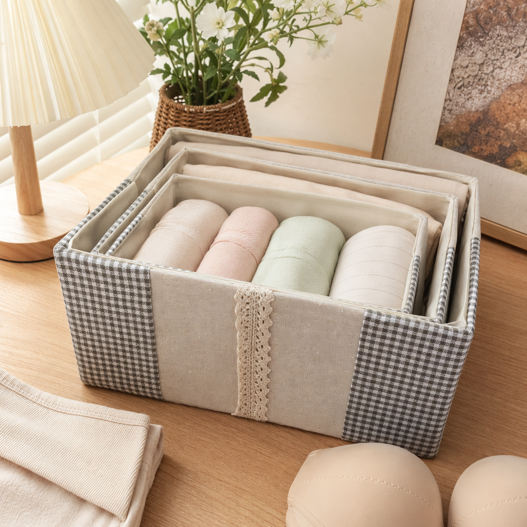Checkered fabric storage box, multi-functional storage box, living room and bedroom organization box details Picture