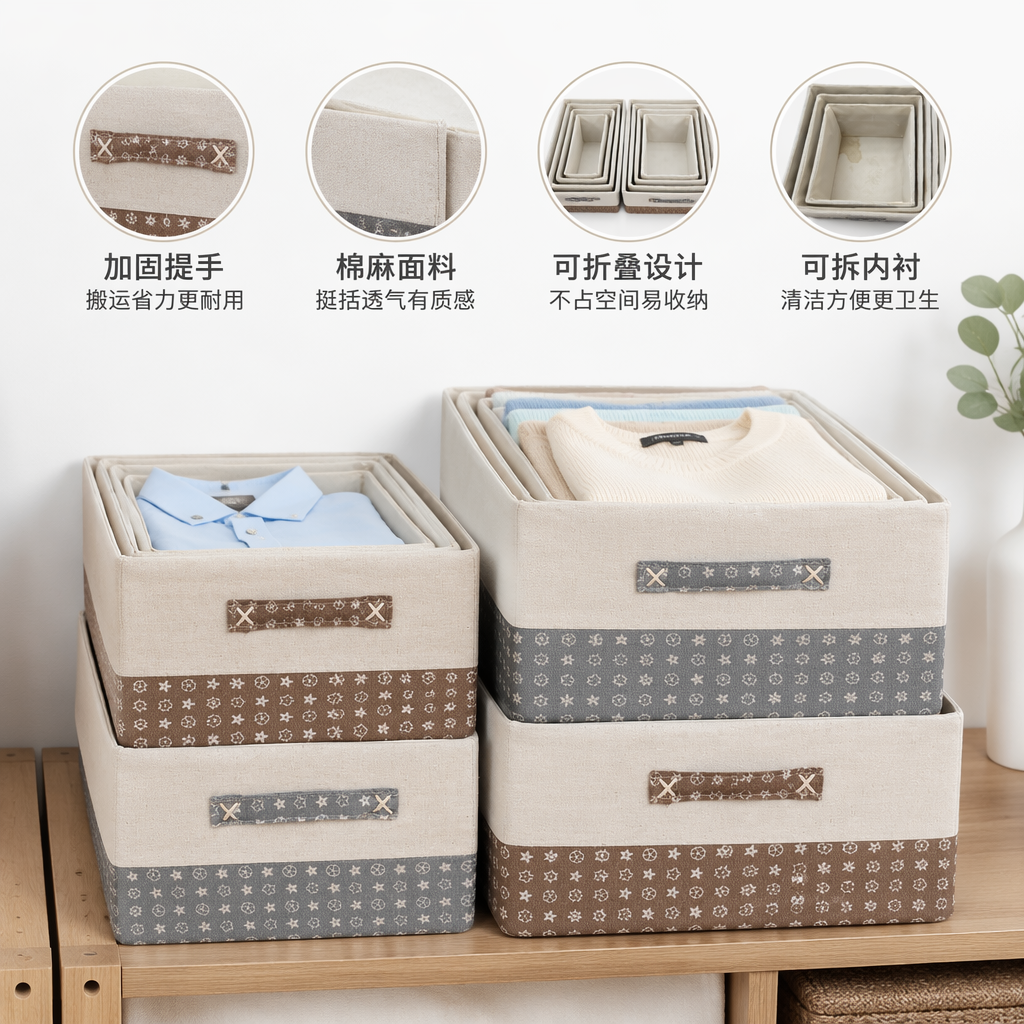 Beige fabric storage box, home organization box, bedroom, living room, table and miscellaneous storage