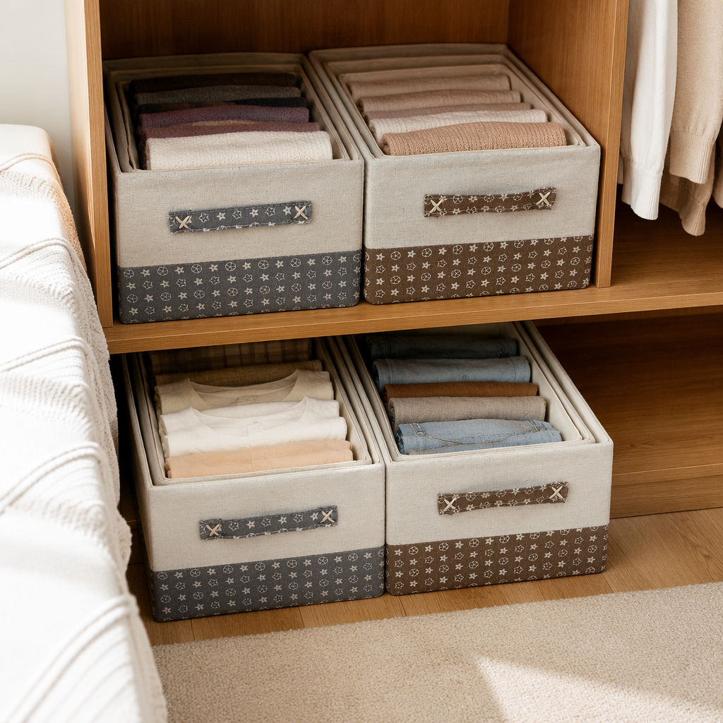 Beige fabric storage box, home organization box, bedroom, living room, table and miscellaneous storage details Picture