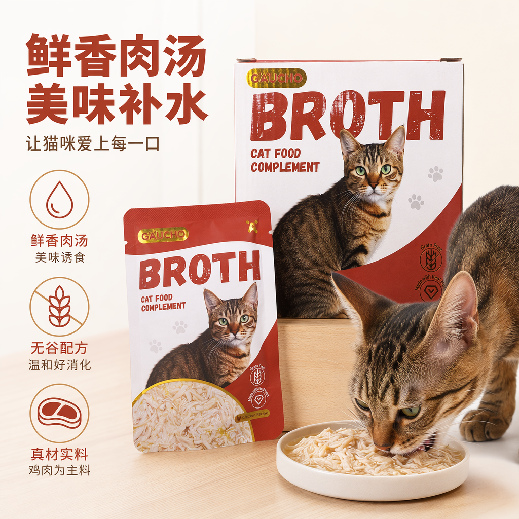 The red and white packaging box cat food supplement is nutritionally balanced and suitable for both kittens and adult cats