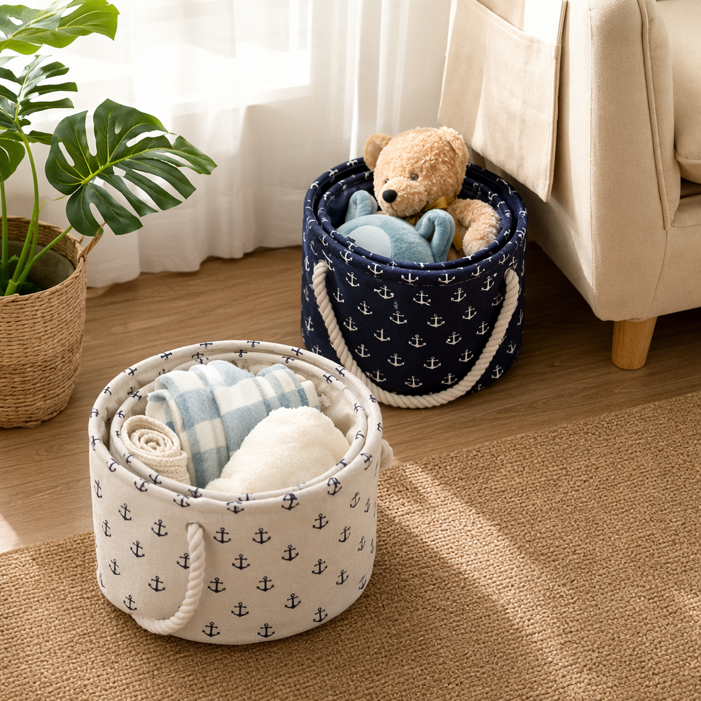The blue and white anchor pattern woven storage basket is a must-have for organizing home living rooms and bedrooms details Picture
