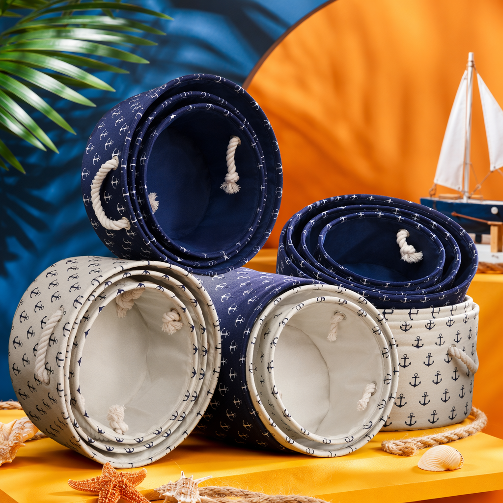 The blue and white anchor pattern woven storage basket is a must-have for organizing home living rooms and bedrooms Specification image