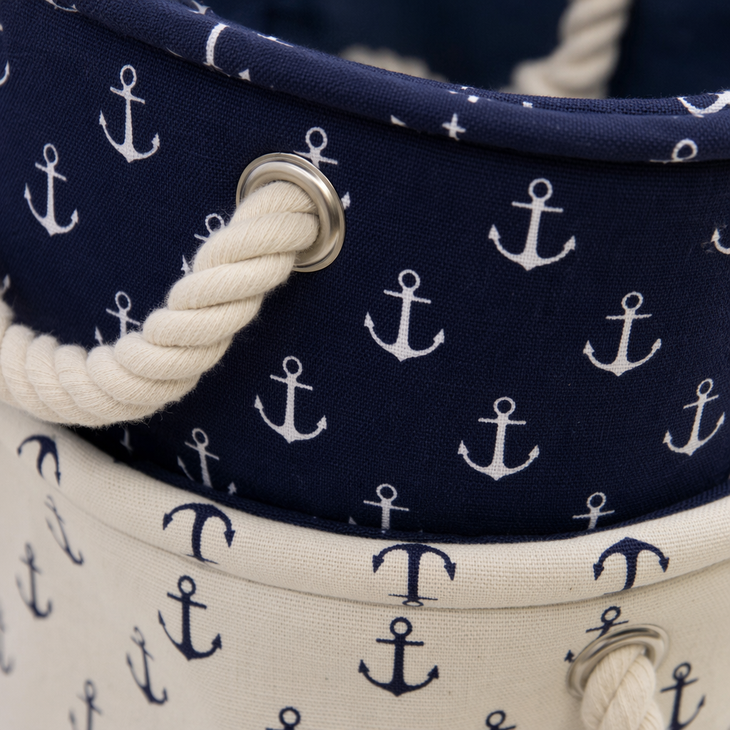The blue and white anchor pattern woven storage basket is a must-have for organizing home living rooms and bedrooms Application Scenario