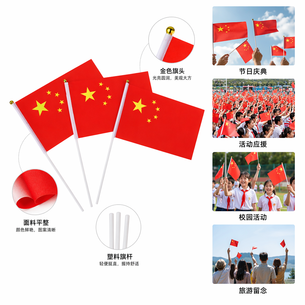 Red flags and decorative cloth flags are hung both indoors and outdoors for festivals and celebrations