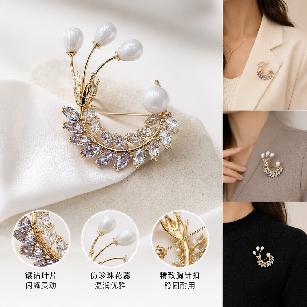 金色珍珠宝石胸针女士优雅复古配饰