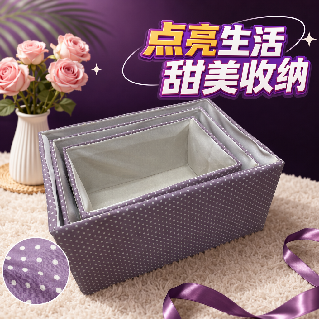 Purple polka dot storage box for desktop organization, a multi-functional storage box for household cosmetics and snacks Specification image