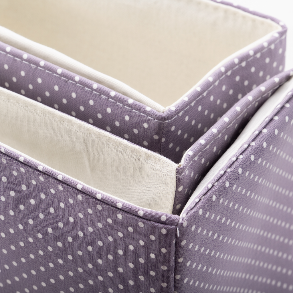 Purple polka dot storage box for desktop organization, a multi-functional storage box for household cosmetics and snacks Application Scenario