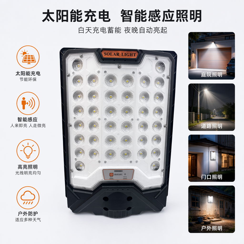 Black frame and white panel solar lamp for outdoor courtyard lighting, waterproof and energy-saving