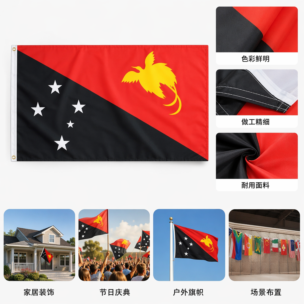 A red and black slanted flag with a yellow bird and white star pattern outdoor celebration decorative flag