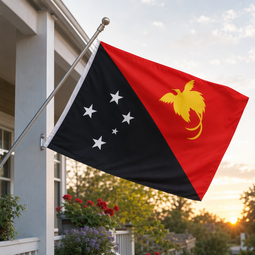 A red and black slanted flag with a yellow bird and white star pattern outdoor celebration decorative flag details Picture