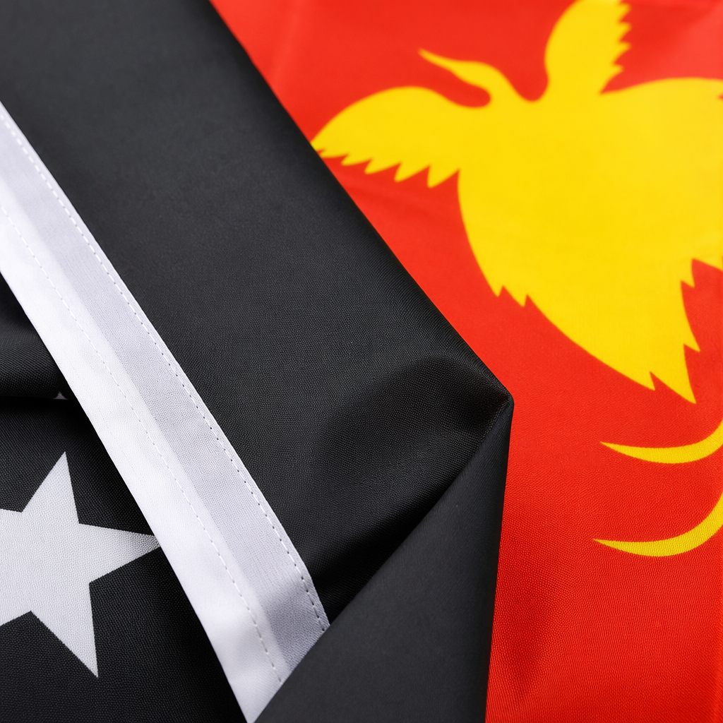 A red and black slanted flag with a yellow bird and white star pattern outdoor celebration decorative flag Application Scenario