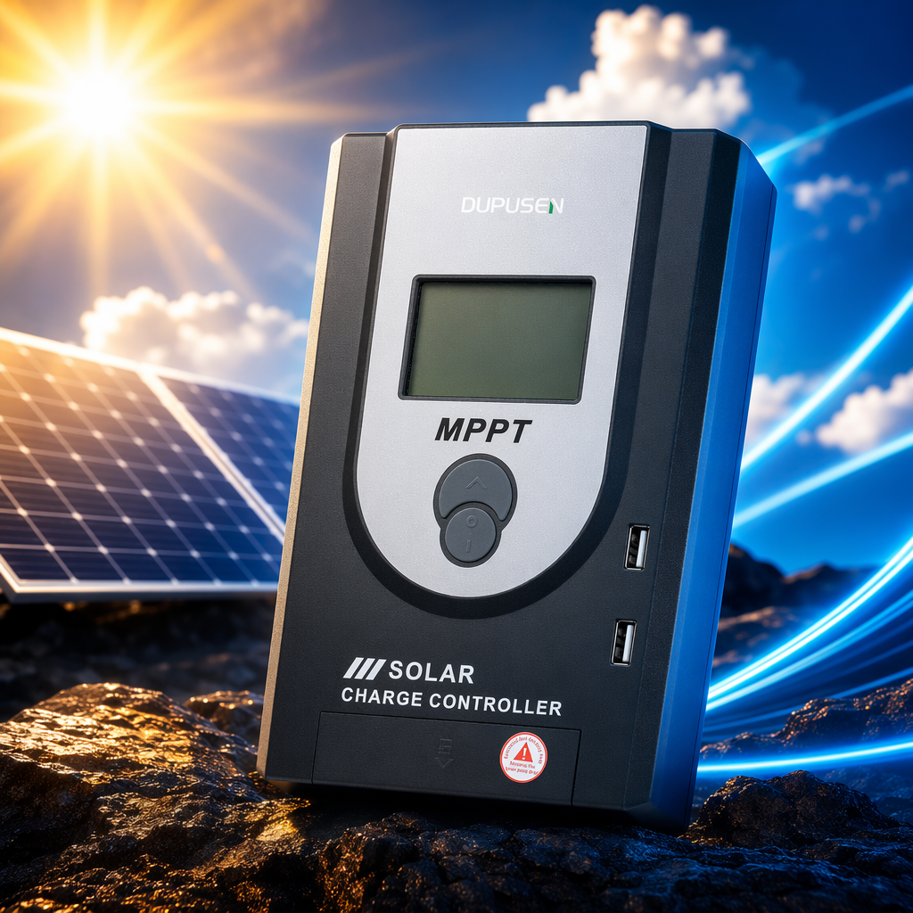 Silver, gray and black alternating solar charging controller MPPT Specification image