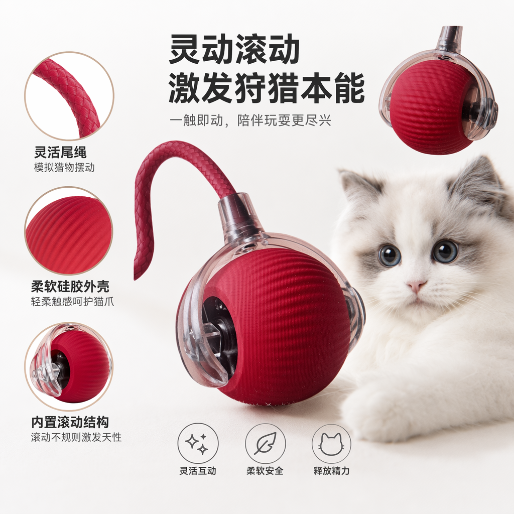 Red intelligent interactive cat toy with automatic rotation and silent design