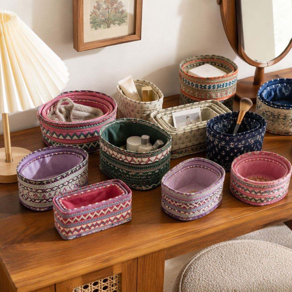 Colorful fabric storage basket available in multiple colors, a home organizing wonder, portable and foldable details Picture