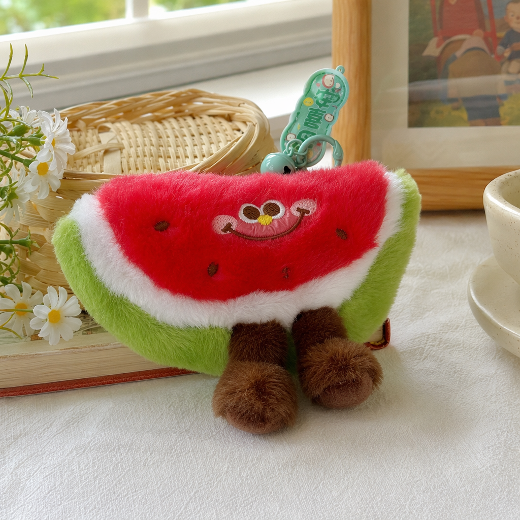 A cute red watermelon-shaped plush pendant for home car keychain decoration details Picture