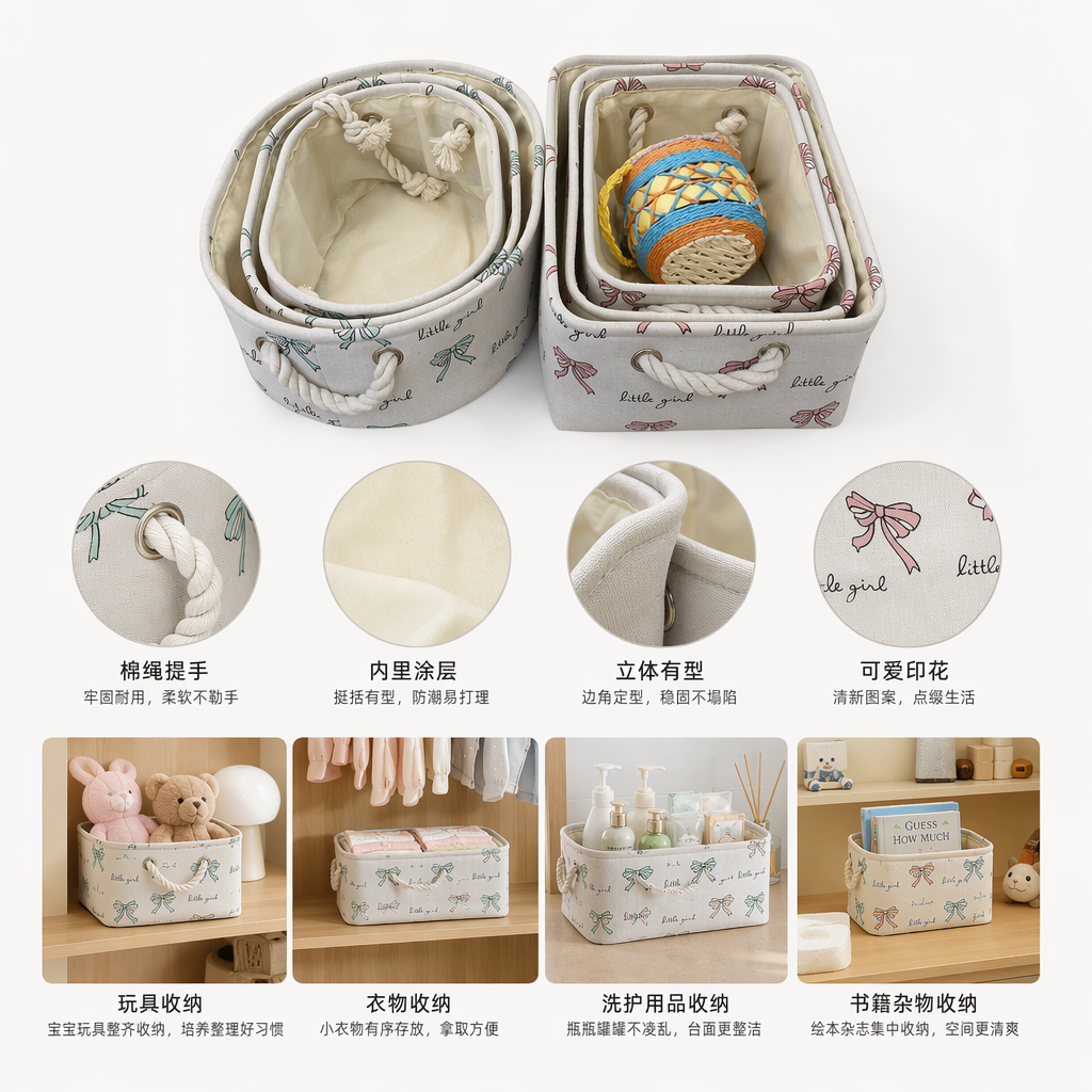 Colorful rope-woven ball and grey bow pattern storage basket