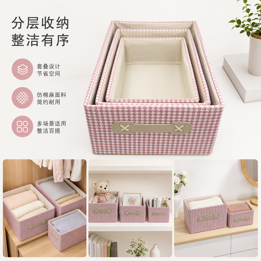 Pink checkered fabric storage box, multi-functional organizing box, for bedroom, living room and desktop storage