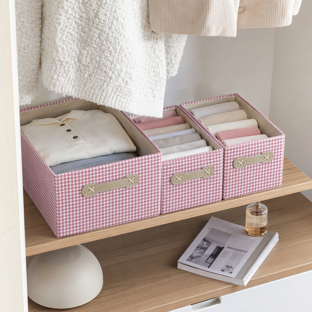 Pink checkered fabric storage box, multi-functional organizing box, for bedroom, living room and desktop storage details Picture